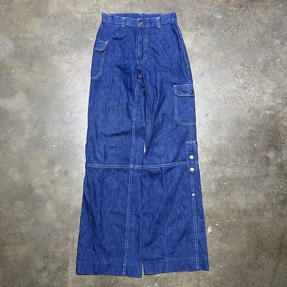 Vintage 70s Wide Leg Flared Cargo Dark Wash Jeans 24x31 - Picture 1 of 7